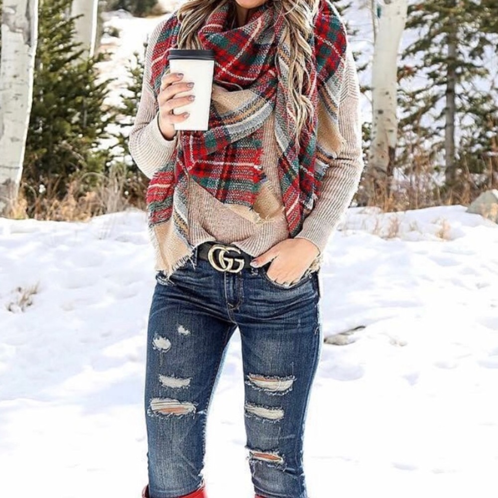 Beige Plaid Blanket Scarf